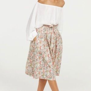 H&M Paper bag waist botanical print midi skirt with belt, size M